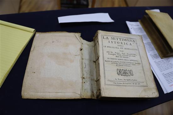 Castrucci, Pietro - La Settimana istorica overo le falicita, et infelicita ..., qto, limp vellum (torn), Todi, 1655, Gonzalez